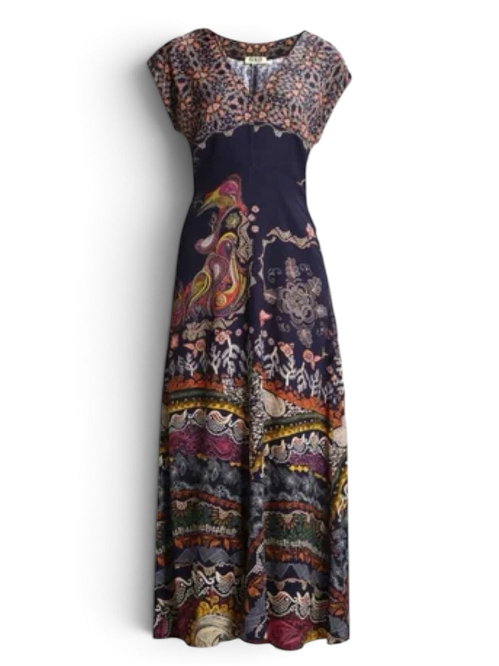 Ivko Anthracite Folk Art Bird Maxi Dress Boho V-Neck Cap Sleeve Fits 4/6